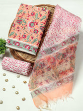 New Floral Hand Block Printed Cotton Suit With Organza Dupatta(BFOR75)